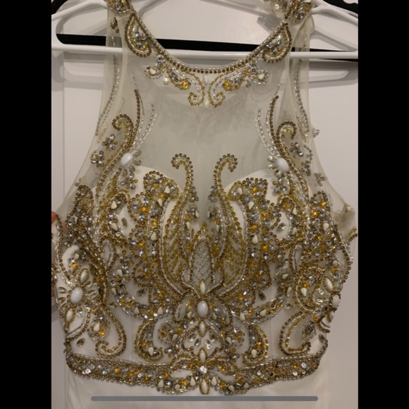 Cream/white A-line prom dress with gold/yellow rhinestones - Picture 1 of 14